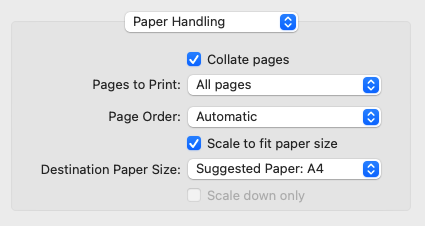 Settings for printing a brochure using macOS