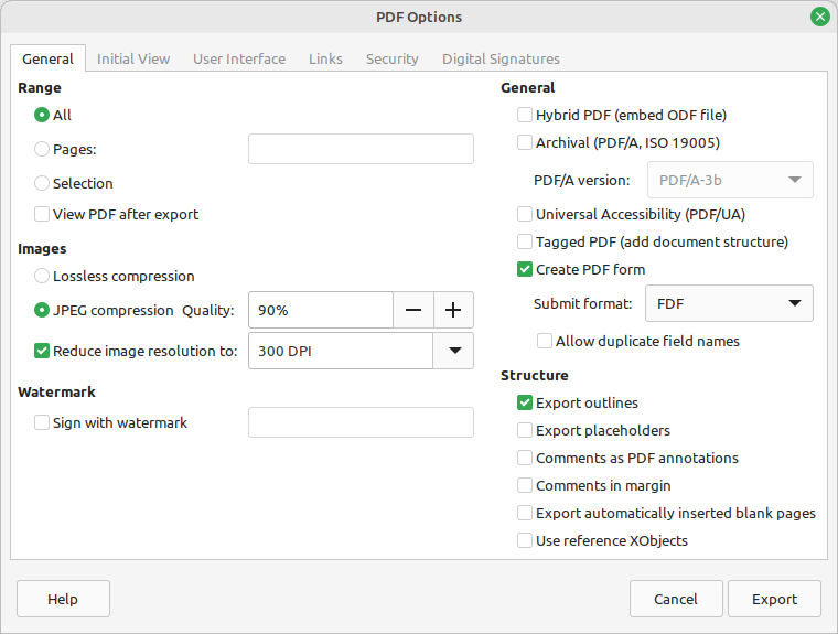 General tab of PDF Options dialog
