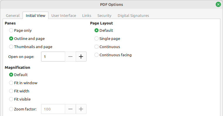 Initial View tab of PDF Options dialog
