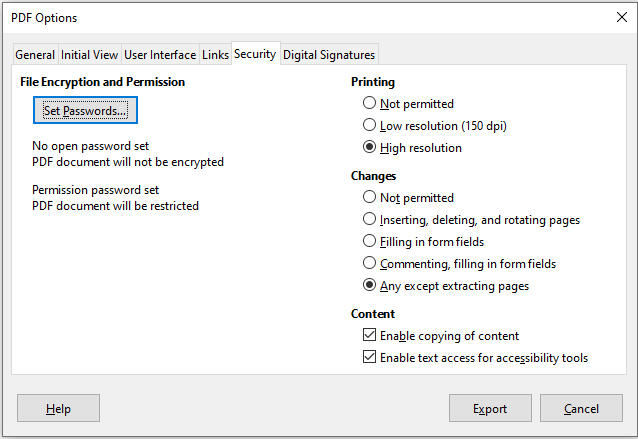 Security tab of PDF Options dialog with Permissions password set