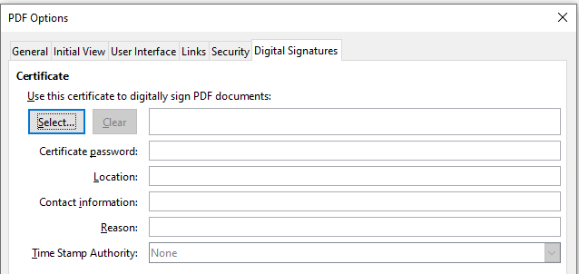 Digital Signatures tab of PDF Options dialog