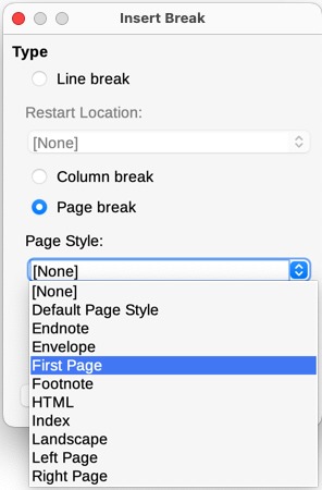 Choose Page break and select the First Page style