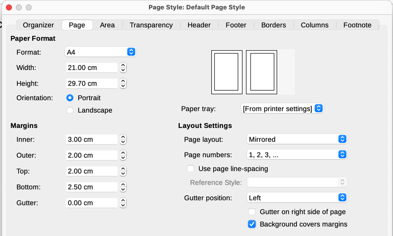Setting page margins and layout for the Default Page Style