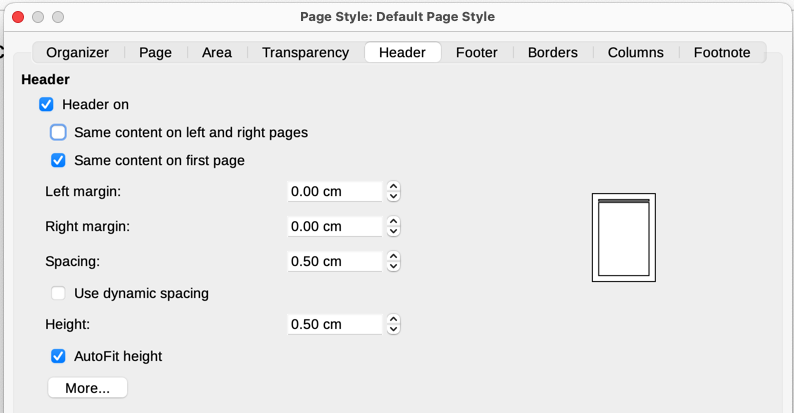 Setting up the header properties for the Default Page Style