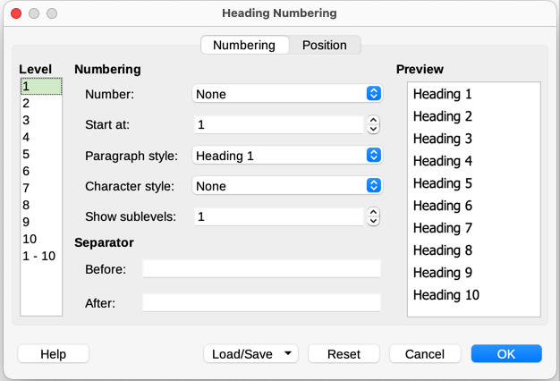 Default settings on the Heading Numbering dialog