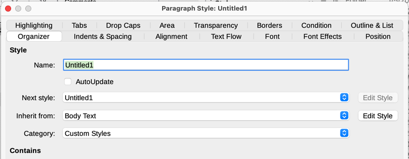 The Organizer tab displayed when a new Paragraph style is created