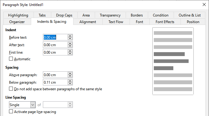 Settings on the Indents and Spacing tab of the Paragraph Style dialog