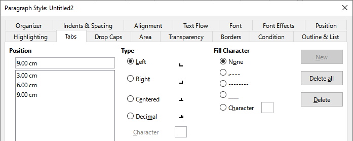 Specifying tab stops for a paragraph style