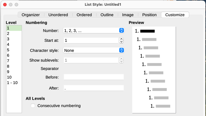 The Customize tab for a List style
