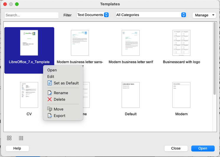 Thumbnail view of Templates dialog, showing context menu for a selected user-created template