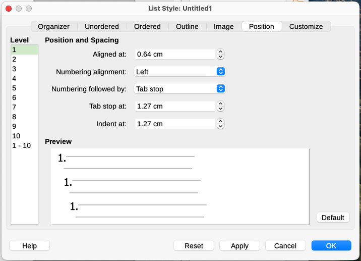 The Position tab is one of two tabs in the List Style dialog for customizing lists