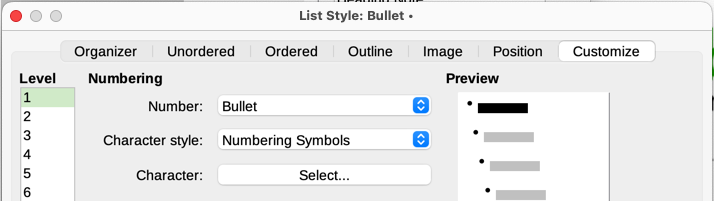 Changing the character style or the bullet symbol for a list style