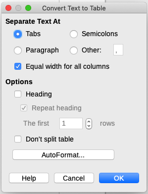 Convert Text to Table dialog