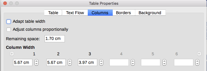 Table Properties dialog, Columns tab