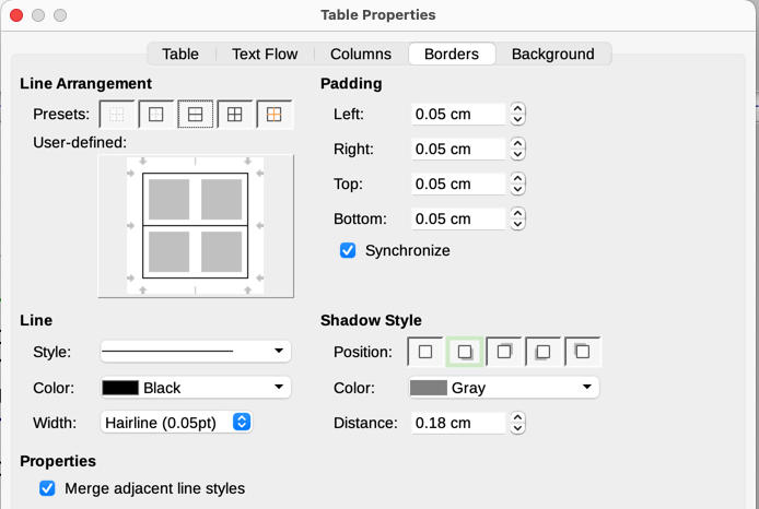 Table Properties dialog, Borders page