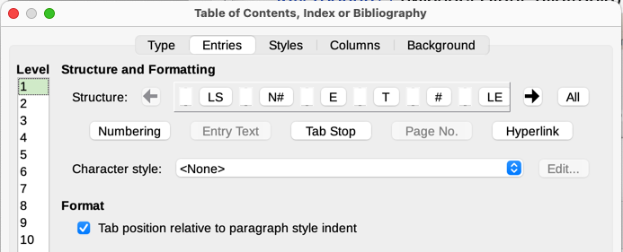 Entries tab of Table of Contents, Index or Bibliography dialog