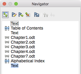Navigator showing subdocuments, table of contents, and index in a master document