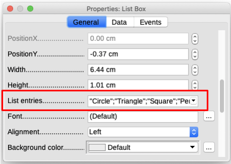 Properties dialog for a list box