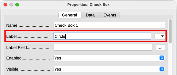 Top part of Properties dialog for a check box