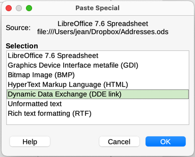 Paste Special dialog in Writer, with DDE link selected