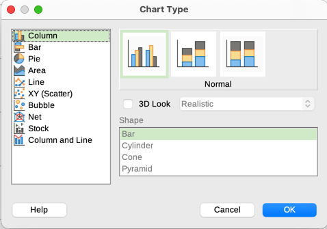 Chart Type dialog showing two-dimensional charts