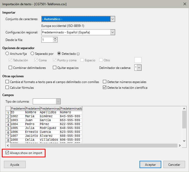 Diálogo Importación de texto