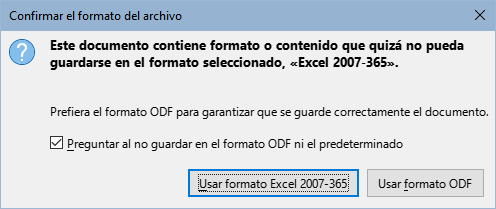 Diálogo confirmar el formato de archivo