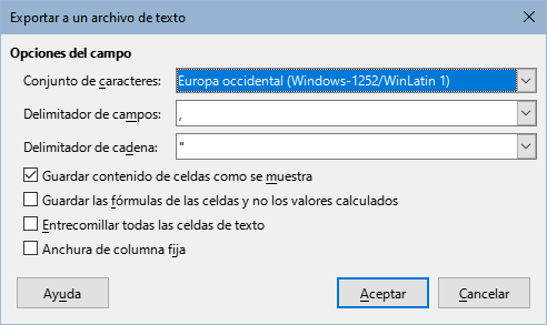 Diálogo Exportar a un archivo de texto