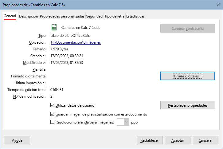 Página General del diálogo Propiedades