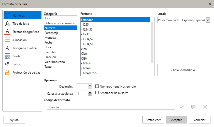 Diálogo Formato de Celdas – Página Números