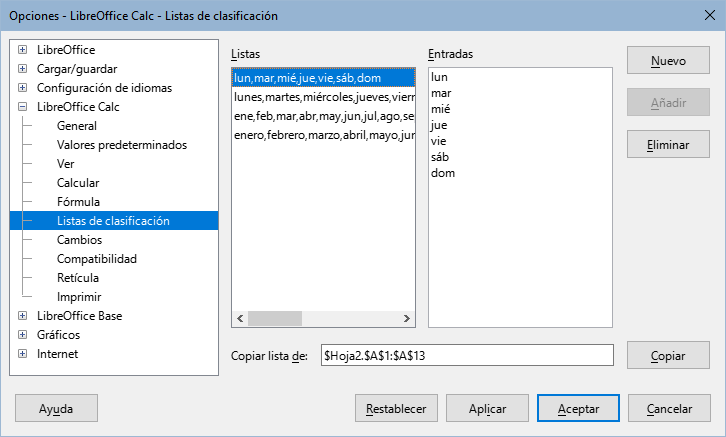 Diálogo listas de clasificación
