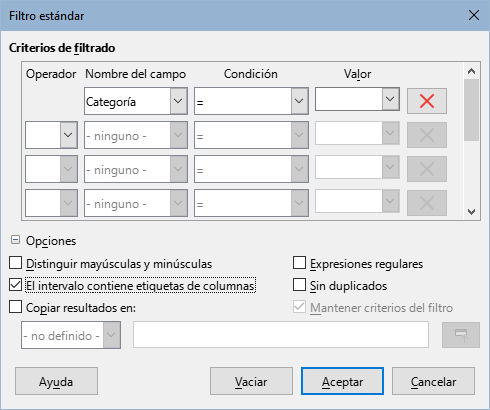 Diálogo Filtro estándar