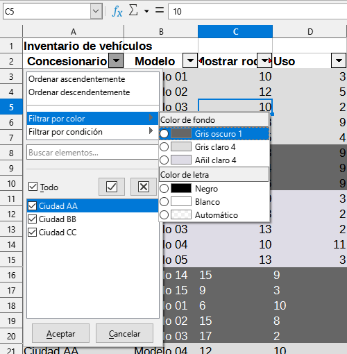 Filtrado por color de fondo o letra