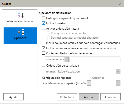 Diálogo Ordenar – Página Opciones