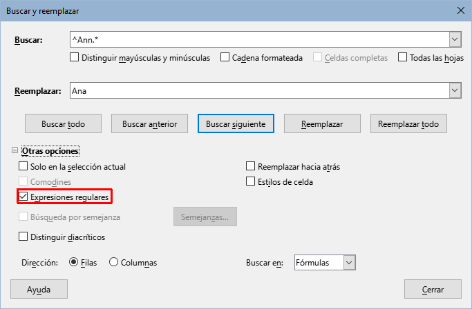 Expresiones regulares en el diálogo Buscar y reemplazar