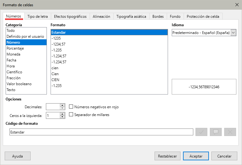 Diálogo Formato de celdas, página Números