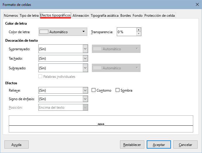 Diálogo Formato de celdas – Página Efectos tipográficos