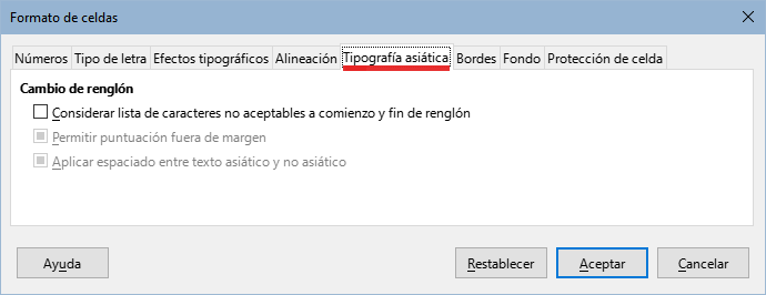 Diálogo Formato de celdas: pestaña Tipografía asiática