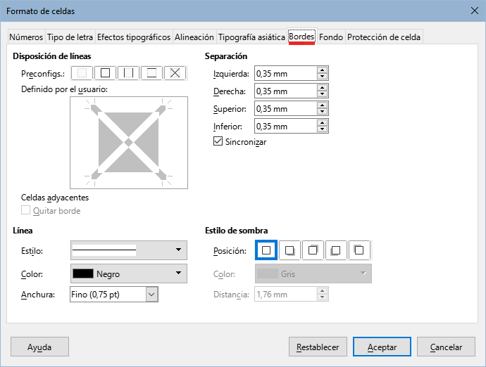 Diálogo Formato de celdas – Pestaña Bordes