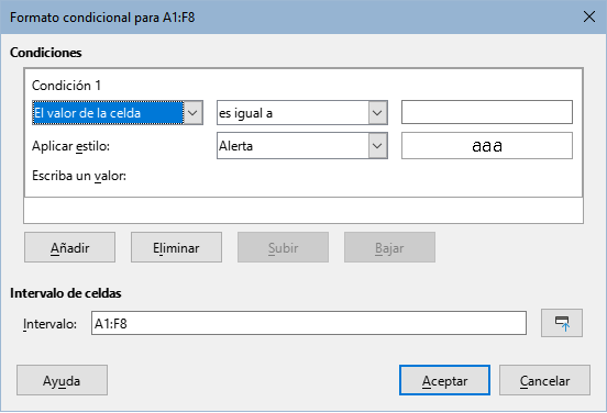 Diálogo Formato condicional - El valor de la celda.