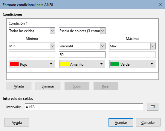 Diálogo Formato condicional - Escala de colores.