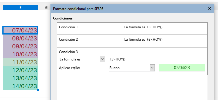 Condiciones para distinguir fechas usando La fórmula es.
