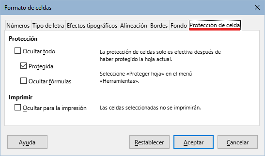 Diálogo Formato de celdas – Página Protección de celda