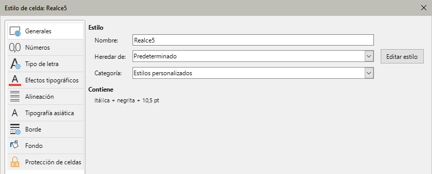Diálogo Estilo de celda – página Generales