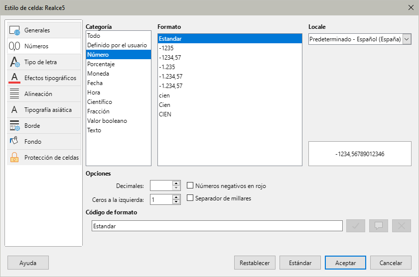 Diálogo Estilo de celda – página Números