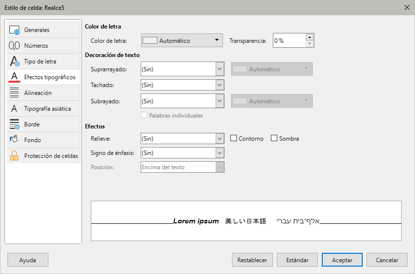 Diálogo Estilo de celda – página Efectos tipográficos
