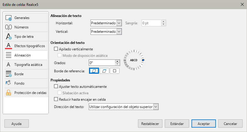 Diálogo Estilo de celda – página Alineación
