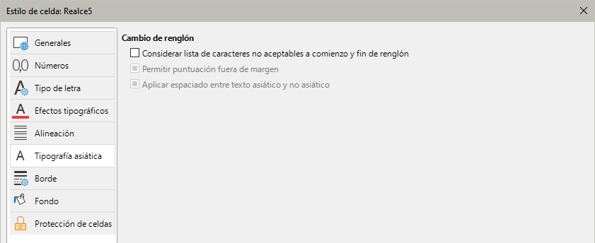 Diálogo Estilo de celda - página Tipografía asiática.