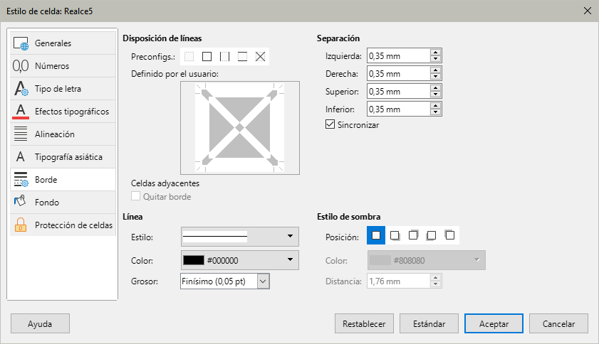 Diálogo Estilo de celda – página Bordes