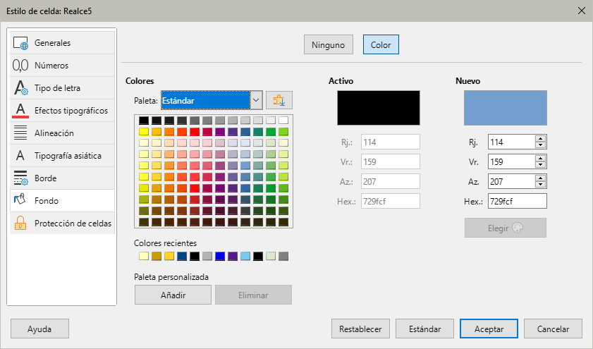 Diálogo Estilo de celda – página Fondo